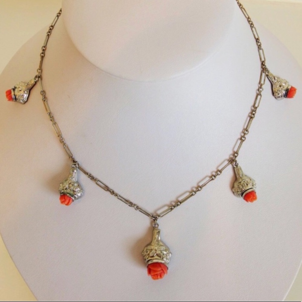 Beautiful faux Coral and silver necklace